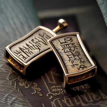 Ancient script-engraved cufflinks with mysterious text