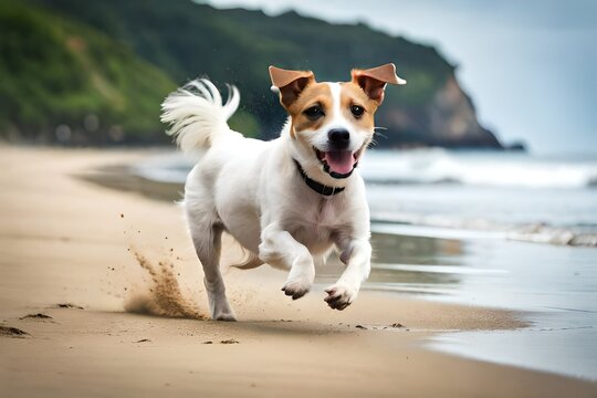 Jack Russell Terrier dog running at the beach, Generative AI