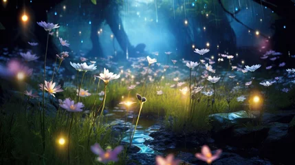 Deurstickers Dreamy wildflowers in enchanted forest, generative Ai © ThreePines
