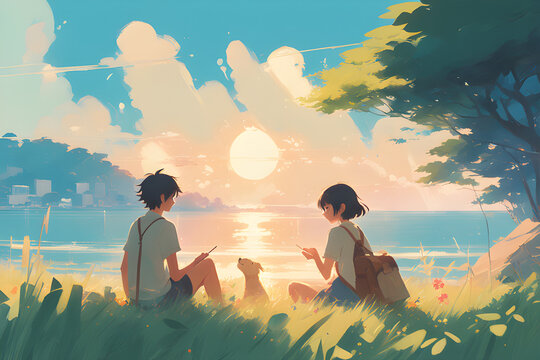 couple on the beach at sunset Generative AI