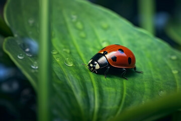 Fototapeta premium Ladybug on green moss. Beautiful nature scene with ladybug. Ladybug on green leaf macro close up photo ladybug on green leaf.