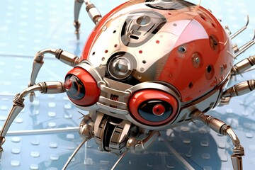 Ladybug rbot. Red robot on a blue background. 3D rendering. 3D illustration.