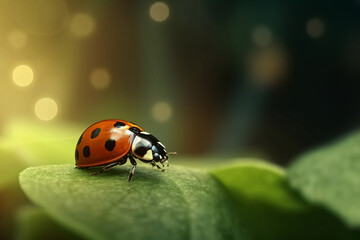 Obraz premium Ladybug on green moss. Beautiful nature scene with ladybug. Ladybug on green leaf macro close up photo ladybug on green leaf.