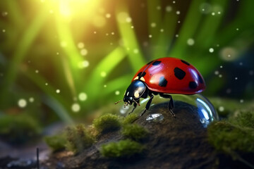 ladybug on green moss in the garden, ladybug on green moss