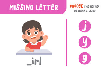 Missing letter (girl), the alphabet letter vocabulary game for kid. choose a letter to make the word. illustration cartoon vector design on white background. kid and study game concept.