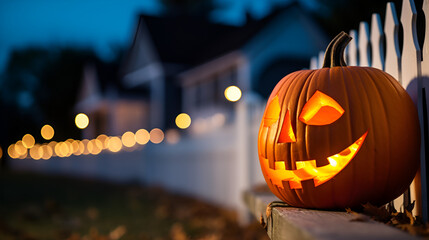 A Halloween carved pumpkin sits next to a long white picket fence