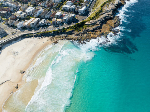 Aerial view of Maroubra Beach coastline with ocean waves and sand, Sydney New South Wales Australia
