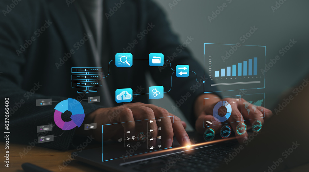 Poster Big data and analytics visualization technology with scientist analyzing information structure on virtual screen, Businessman Analyzing data with technology AI, business, finance, internet of things.