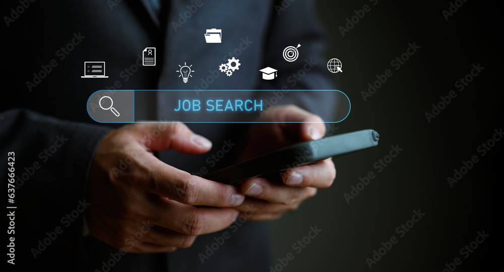 Sticker job search concept, find your career, businessman looking at online website by smartphone..data sear