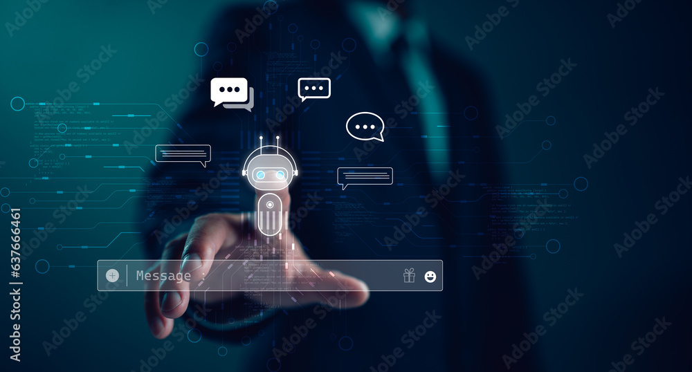 Poster Ai technology, Artificial Intelligence. Man using technology smart robot AI, artificial intelligence by enter command prompt for generates something, Futuristic technology transformation. Chat with AI