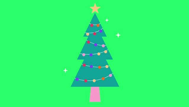 Animation cartoon christmas tree on green background.