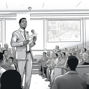 Someone is speaking in front of an audience, black and white illustration, AI generated Image