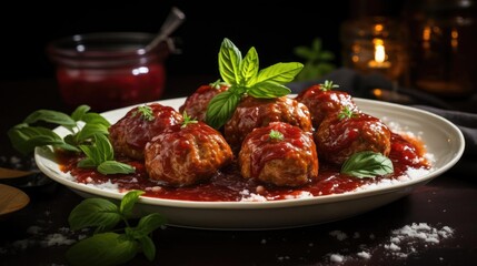 Close-up of meatballs with melted tomato sauce on a bowl with a black background and blur