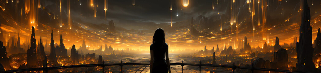 The Silhouette of a Young Woman Looking at a Vast Glowing Fantasy Landscape and Falling Stars