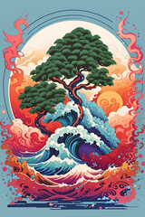 illustration twin cannabis trees colorful, fireburn, smoke and ocean wave, japan style artwork
