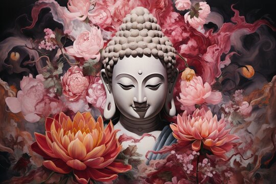 Cabeza de Buda sonriente rodeada de flores