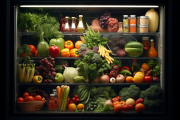 Open fridge with various vegetables, fruits and dairy on shelves 