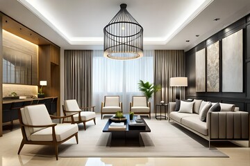 General view of luxury living room interior with armchairs, sofa and hanging basket chair. Modern living room - Powered by Adobe