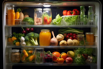 Open fridge with various vegetables, fruits and dairy on shelves 