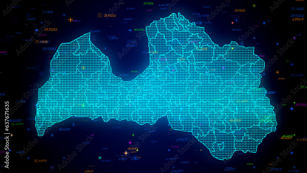 Poster futuristic blue colorful shiny digital technology hud dots mosaic grid latvia map separate regions l