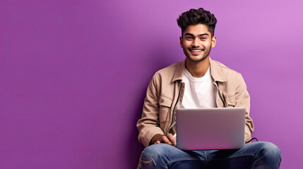 A happy Indian guy with laptop computer working or studying online on lilac background. Generative Ai - obrazy, fototapety, plakaty