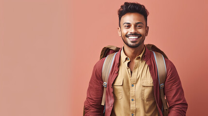 Fototapeta premium Smiling indian man on lilac background. Generative Ai