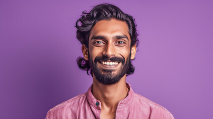 Obraz premium Smiling indian young man on lilac background. Generative Ai