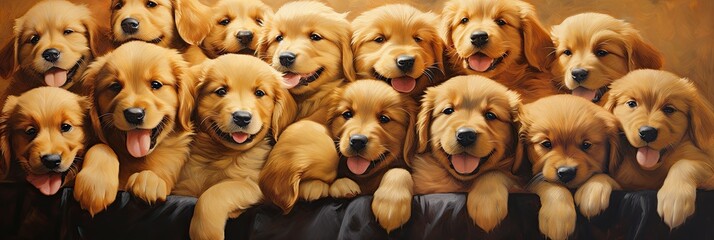 oil painting of  a lot of puppies golden retriever, generative AI