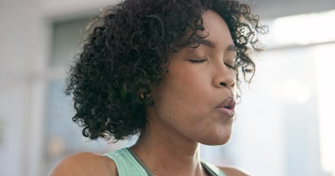Meditation, yoga and breathing with face of woman for peace, fitness or spiritual health. Balance, mindfulness and wellness with person and relax in studio for holistic, zen and energy training