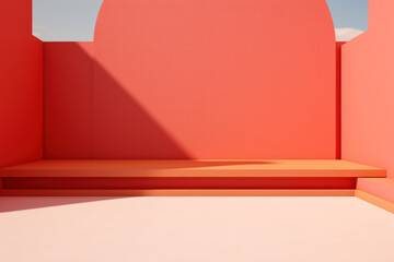 Contrasting Elements: Red Wall and Blue Sky Stage Platform with Sunlight, Ideal for Design and Photography, Copy Text, Generative AI