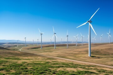 Panoramic view of wind farm or wind park, with high wind turbines for generation electricity with copy space. Green energy concept.
