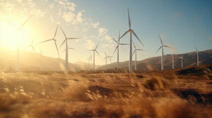 Wind turbines on beautiful sunny summer autumn mountain landsape. Curvy road through mountain Eolic park. Green ecological power energy generation. Wind farm eco field