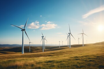 Wind turbines on beautiful sunny summer autumn mountain landsape. Curvy road through mountain Eolic park. Green ecological power energy generation. Wind farm eco field