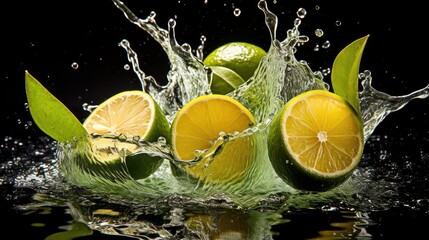 Close-up of Fresh green limes splashed with water on black and blurred background