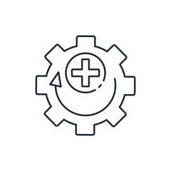 Gear with a plus sign and a movement arrow. Add, change the configuration of equipment.Vector linear icon isolated on white background.