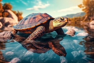 Fototapeta na wymiar black turtle sitting on a rocky land