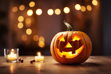 Fototapeta premium Rustic wooden background with Halloween pumpkin lantern. Autumnal decor, spooky night. Smiling jack-o-lantern, lantern light. Candlelit fun. AI Generative magic.