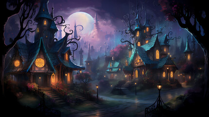 Naklejka premium Happy Halloween background with pumpkins and castle haunted,Halloween background with Evil Pumpkin. Spooky scary dark Night forrest. Holiday event halloween banner background concept