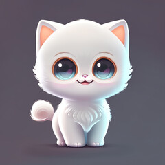 Fototapeta premium Cute cartoon white kitten with blue eyes sitting on a gray background
