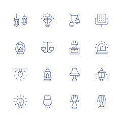Light line icon set on transparent background with editable stroke. Containing lamp, bulb, ceiling lamp, lights, lantern, ceiling light, desk lamp, siren, light, fire lamp, table lamp, street light.