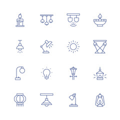 Light line icon set on transparent background with editable stroke. Containing candle, ceiling lamp, lights, oil lamp, ceiling, desk lamp, sun, spotlights, floor lamp, idea, street lamp.