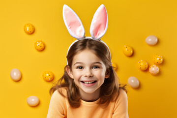 Obraz na płótnie Canvas Adorable happy little girl with curly hair in colored t shirt and bunny ears on head laughing. Easter concept. Generated ai.