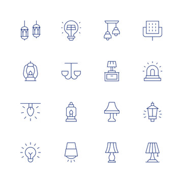 Light line icon set on transparent background with editable stroke. Containing lamp, bulb, ceiling lamp, lights, lantern, ceiling light, desk lamp, siren, light, fire lamp, table lamp, street light.
