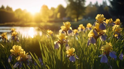 Generative AI : A field of Iris, with their sunny yellow petals, bathed in warm sunlight