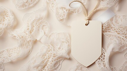 Close-up of white blank tag with a rope for mockup on cream color background