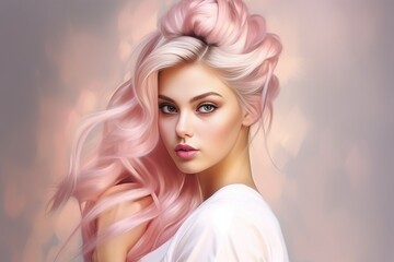 Naklejka premium Generative AI : young model woman fashionable hairdress dyed hair style