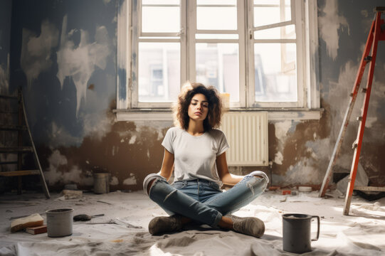 A woman in white t-shirt, sit on the floor in demolished room. Young girl making repairs in an apartment. Window, ladder, cardboard boxes, paint