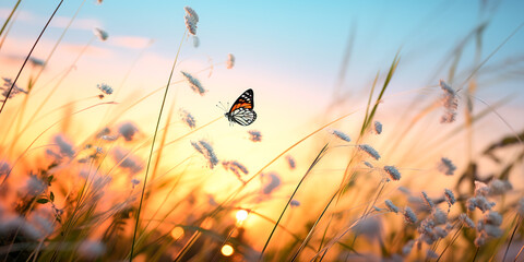 A butterfly is flying over a field of grass, with flowers and sunshine