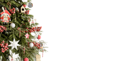 Close up christmas tree with red ribbon on white