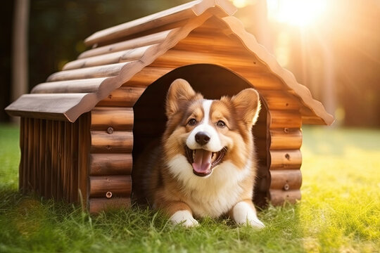 Dog has a rest in a dog house in the yard